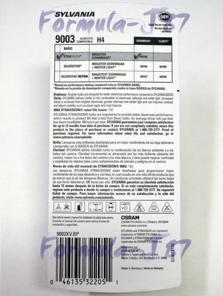 Sylvania Xtra Vision 9003 HB2 H4 60/55W Una bombilla Cabeza Luz Doble haz Lámpara DOT Foto 3 de 4