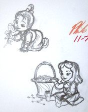 SIGNED BELLE & BRIAR ROSE BABY WALT DISNEY ORIGINAL MERCHANDISE cel DRAWING