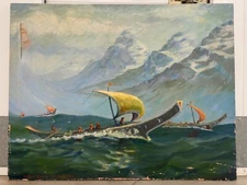🔥 Antique Old Pacific Northwest Haida Native Seascape Oil Painting, Hamilton 47