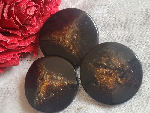 Lot De 6 Gros Boutons Vintage Gris à Paillettes Et Motif Vague - Diamètre 2,7 Cm, Avec Pied, Occasion, Parfait Pour Customisation