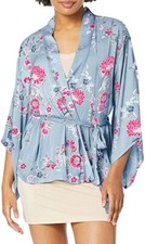 NWT Josie By Josie Natori Sz XS Washed Satin Short Wrap Robe Blue Floral