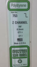 Styrene 'Z' Channel .100" Pack of 4 - 14" Long Evergreen Scale Model Plastic 753