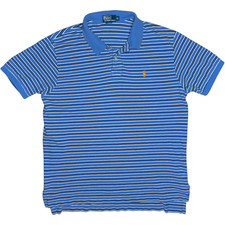 Polo Ralph Lauren Men's XL Blue White Stripe Short Sleeve Polo Shirt Orange Pony