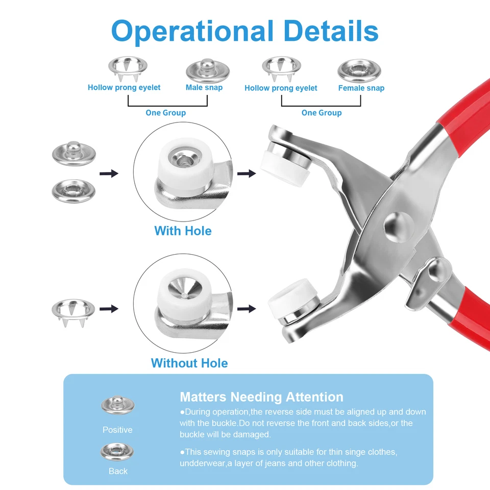Комплект из 100 застежек-липучек 9,5 мм с плоскогубцами для ткани рукоделия одежды - Изображение 3 из 4