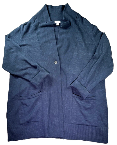 J. Jill Cardigan Sweater Womens 2XL XXL Single Button Blue Cozy Pockets Y2K Rib