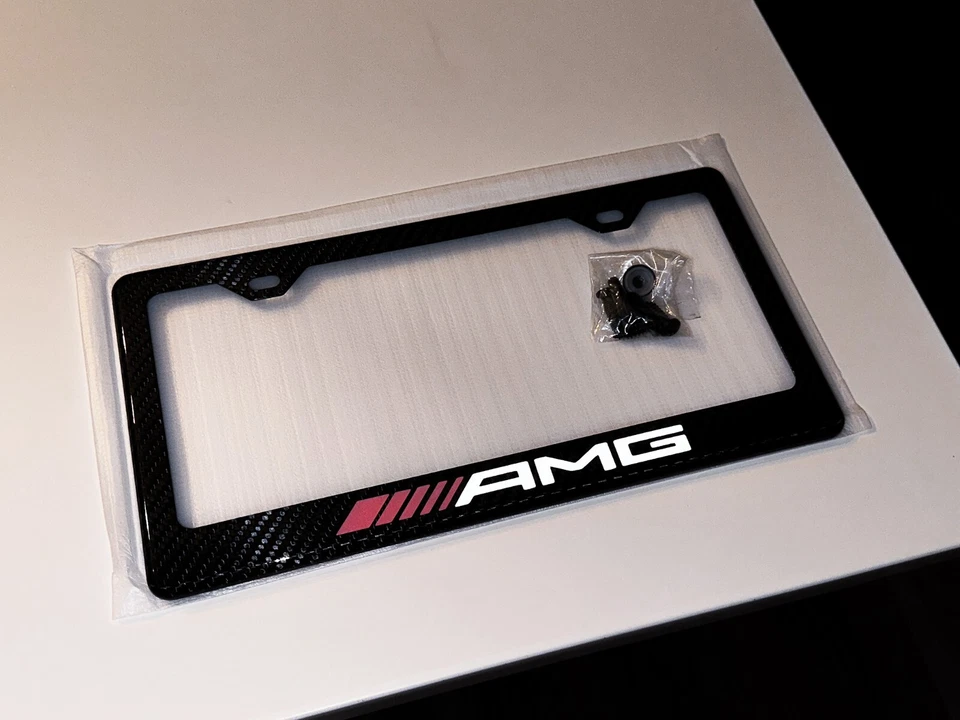 Mercedes Benz License Plate Frame Real Carbon Fiber AMG (Red & White) - Image 3 of 4