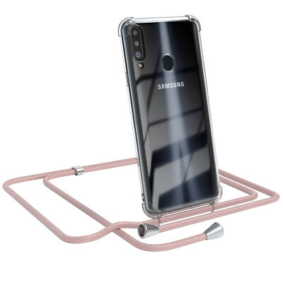 Für Samsung Galaxy A20s Handyhülle zum Umhängen Kordel Tasche Kette Rose Gold