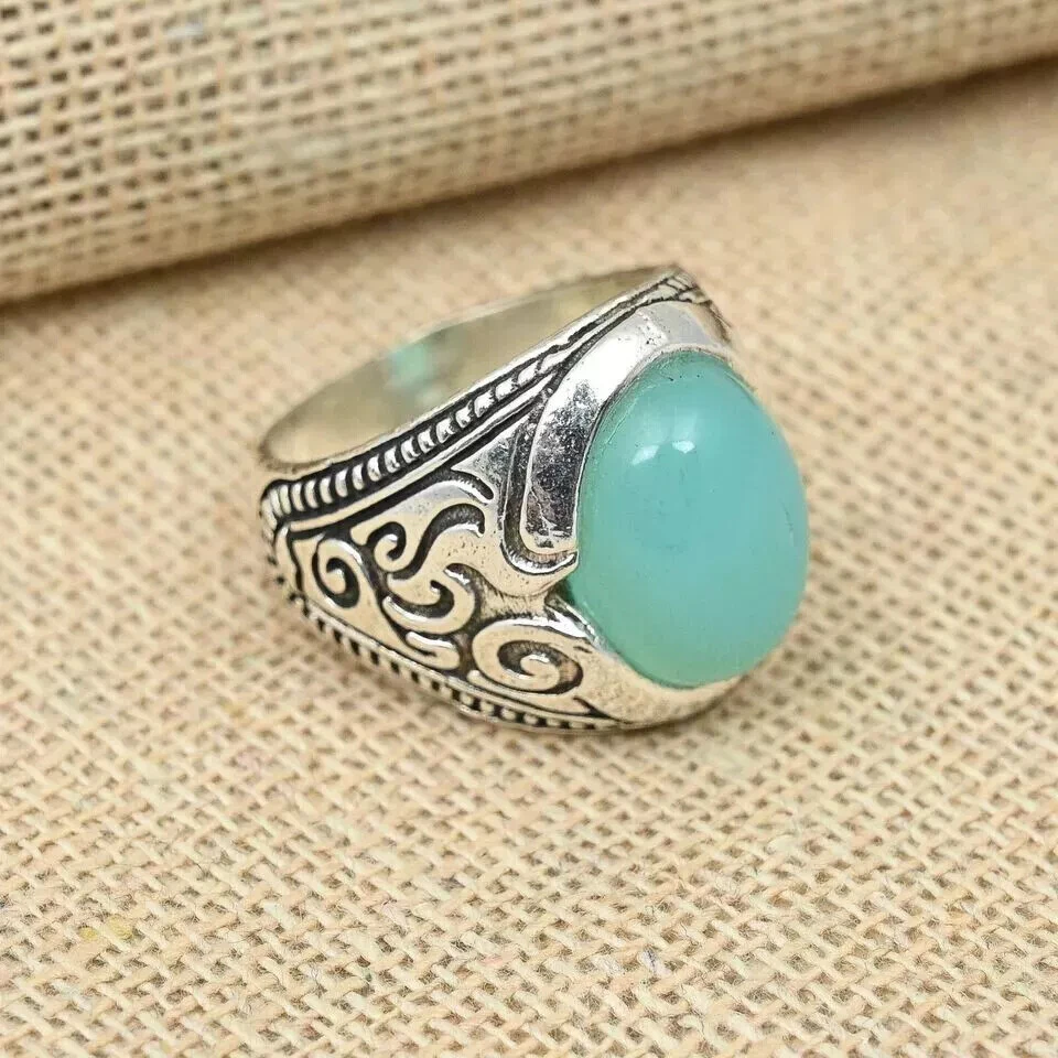 Precioso anillo clásico de plata de ley 925 con calcedonia Aqua para hombre todas las tallas D59 Foto 3 de 4