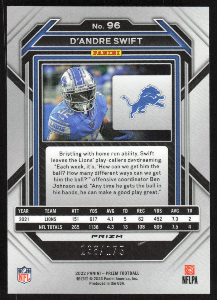 2022 Panini Prizm Hyper #96 D'Andre Swift /175 Detroit Lions - Image 2 of 2