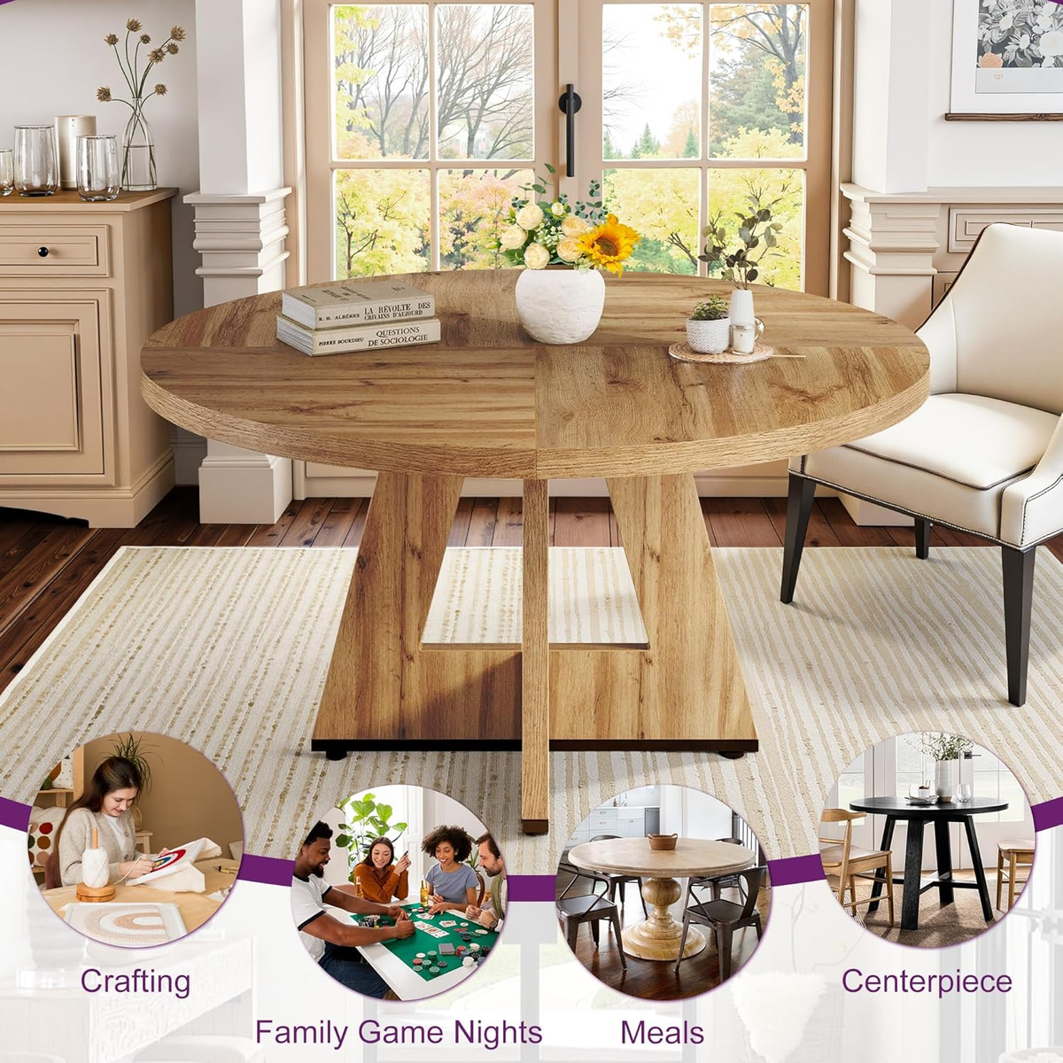 Round Dining Table For 4, Dinner Table With Storage Shelf, 47