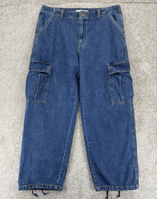 Levi s  94 Baggy Cargo Jeans Womens 32 Blue High Rise Wide Leg Drawstring Hem