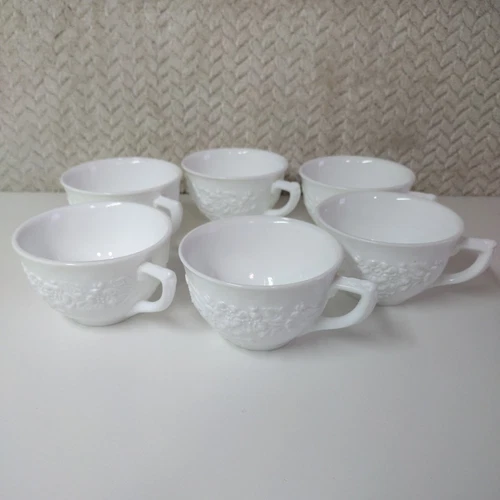VTG 1950s Indiana Glass Orange Blossom Milk Glass Tea Cups Set Of 6 With Saucers