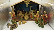 Vtg Chalkware Nativity Set Japan Music Box Silent Night Baby Jesus Mary 11 Pc