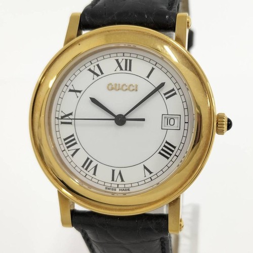 Used GUCCI Men's Watch SS GP Quartz White Dial Leather Belt Black 7200M