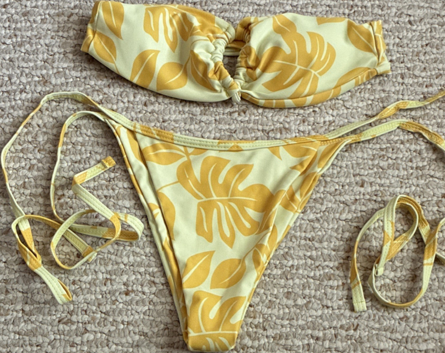 Women’s Yellow/White Tropical Floral Bandeau Bikini Set XS Tie-Side 2pc Stretch