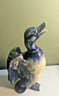 VTG Blue & White Majolica Glaze Duck Water Pitcher 12" c 1930's 40's