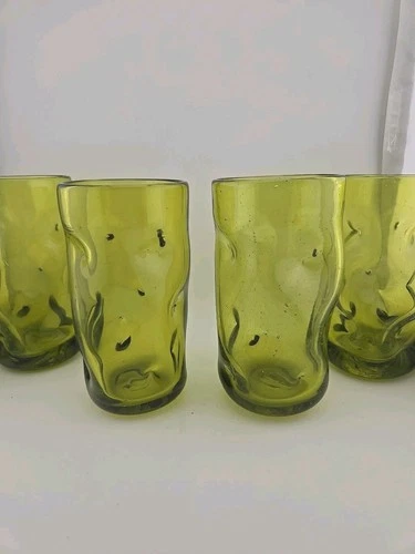 4 Vintage Blenko Tumbler Glass Thumbprint Chartreuse 6 1/8"  READ