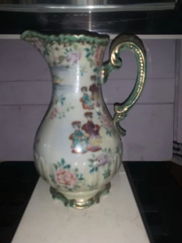 Chinese Famile Rose Hand Painted Handled Pitcher 9”