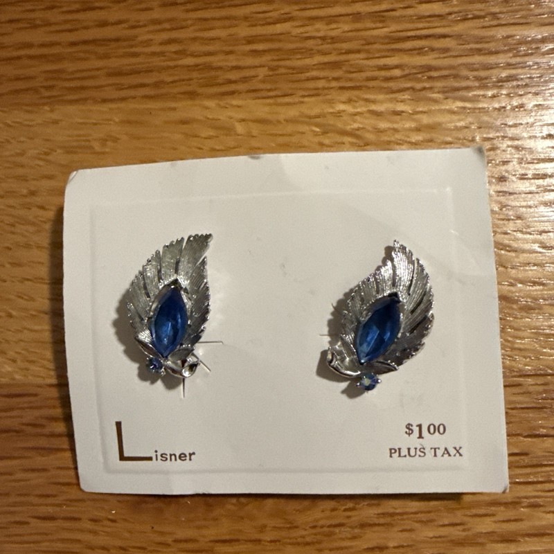 Vtg Lisner Earrings Clip On AB Blue Rhinestone Leaf 1 in