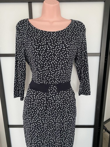 Hobbs Navy Turquoise Spotted Jersey Dress Size 14 Elastic Waist Pockets - Picture 2 of 9