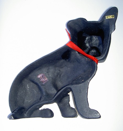 BOSTON TERRIER CAST IRON DOOR STOP VINTAGE BLACK WHITE RED RIBBON READ - Picture 2 of 4