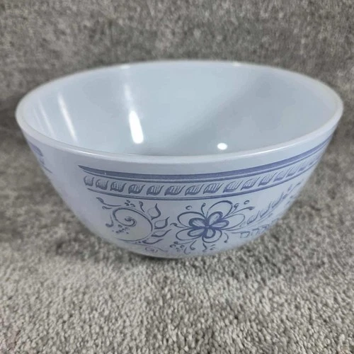 Pyrex Brittany Blue Mixing Bowl Milk Glass Floral Scroll Vintage