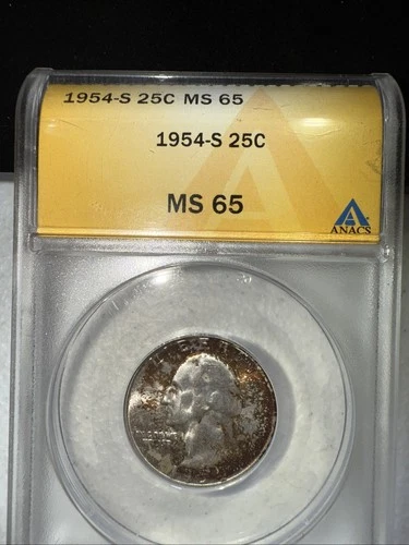 1954 S Washington Quarter MS 65 Anacs . Beautifully Toned