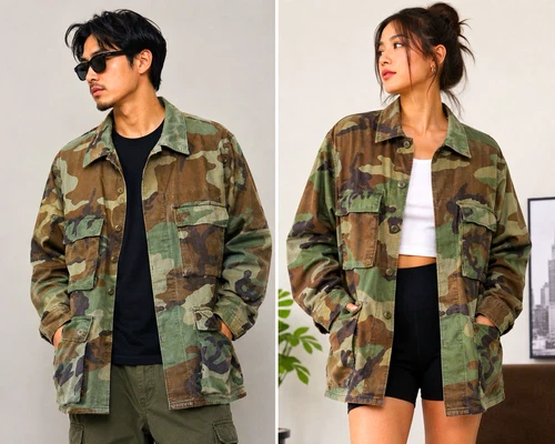 Unisex Army Camo Military Field Jacket Cotton Button Front Pockets One Size - product listing photo