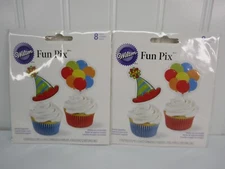 Lot of 2 Wilton Fun Pix Cupcake Toppers Hats Balloons 8pc ea Kids Birthday Party