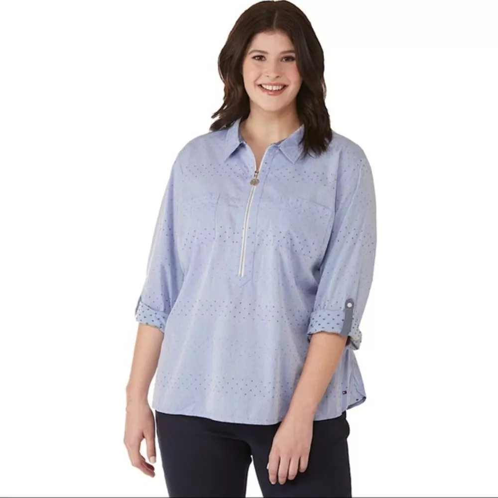 Women s Tommy Hilfiger Blue Chambray Popover Collar Shirt sz 0X eBay