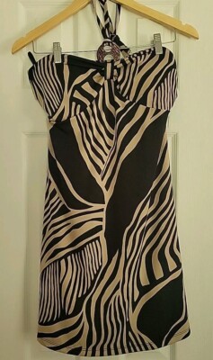 Rapz Ring Neck Swim Dress-Womens Lg-Halter Style Bra Cup Support-Zebra Stripes