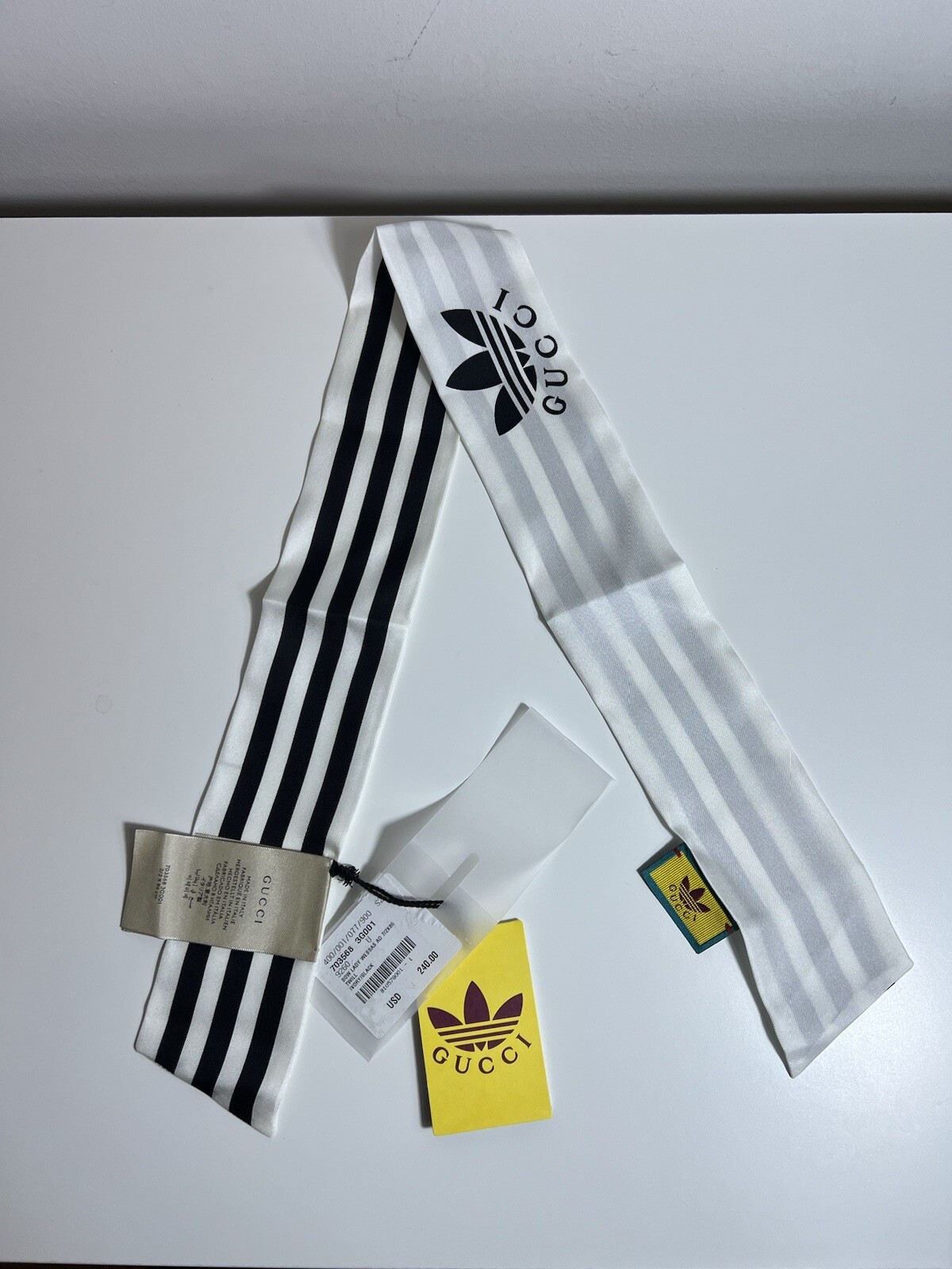 Gucci x Adidas White Black Striped Silk Headband Neck Bow NWT  