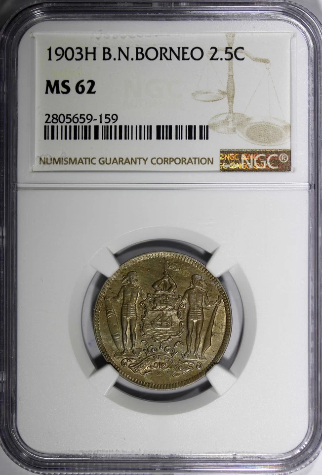 Borneo Norte Británico 1903 2-1/2 centavos NGC MS62 TONIFICADO CLARO Heaton RARO KM# 4 (59) Foto 2 de 4