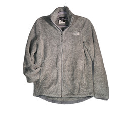 North Face Fuzzy Jacket Women Size M Gray Fleece Full Zip Pockets Logo Mock Neck