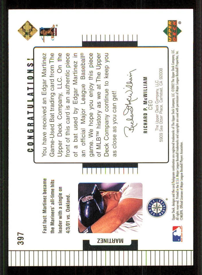 2002 Upper Deck Diamond Connection #397 Edgar Martinez DC Bat /775 - Image 2 of 2