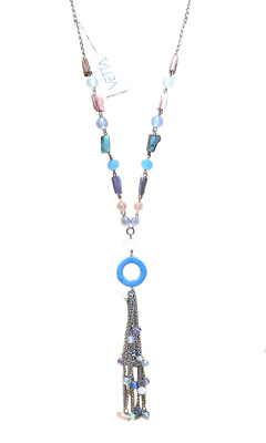 NWT Vetta Abalone MOP Sea Glass Y Drop Pendant Necklace Pastel Multicolor Tassel