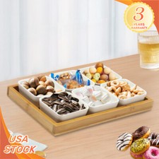 Ceramic Snack Serving Tray Set with Bamboo Lids - 6 Piece Platter