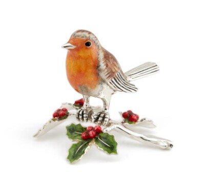 Saturno Silver and Enamel Robin on Holly Branch - Fully Hallmarked Sterling