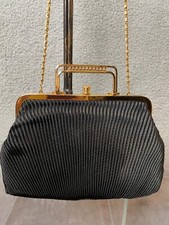 Black Pleated Satin Purse Womens Evening Bag Rhinestone Accent Handle Chain