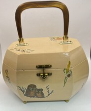 Vintage Wooden Octagon Box Purse With Lucite Handle beige with Owls mushrooms
