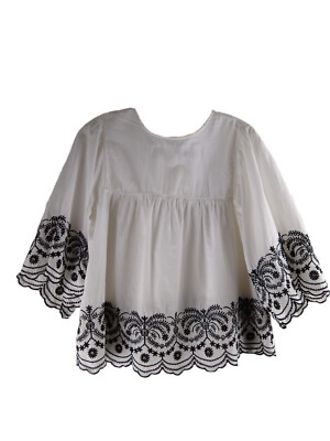 Zara Basic Top White Peasant Baby Doll Black Embroidery Butterfly Sleeves Cute S