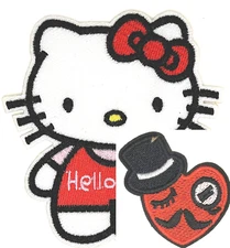 HELL0 KITTY HEART MOUSTACHE HELLO KITTY 2 PC Patch Set WINK HAT
