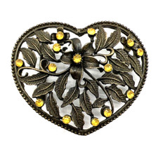 VTG Heart Floral Leaves Yellow Rhinestones Cut Out Belt Buckle Western 3"x2.5"