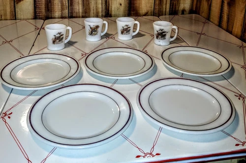 Vtg 1960 Pyrex Tableware Corning Milkglass Plates Mug Cup Brown Duck Ruff Grouse