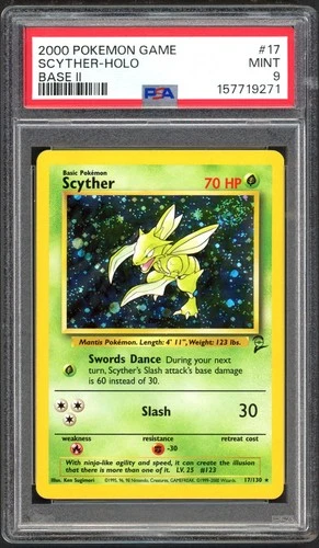 Pokemon Card - PSA 9 Scyther 17/130 - Base Set 2 Holo - MINT