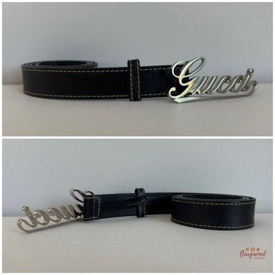 Authentic GUCCI Black Leather Silver Italics Script Logo Buckle