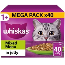 40 x 85g Whiskas 1+ Mixed Menu Mixed Adult Wet Cat Food Pouches in Jelly 4.85 per kilo