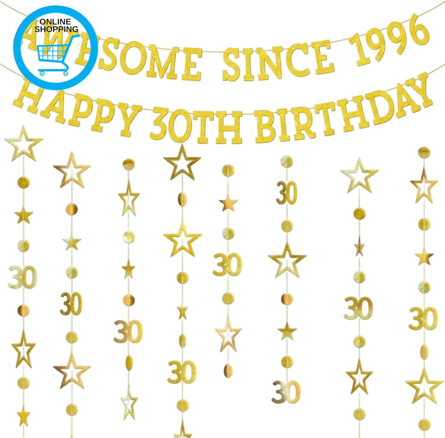 2PCS 30Th Birthday Banner, Happy 30Th Birthday Decorations, Gold Bunting for Mil