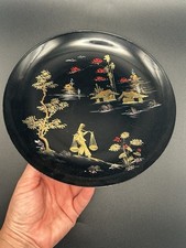 Vintage Japanese Black Lacquer Ware Handpainted Landscape Plates 2 Lg,2 Med,2 Sm