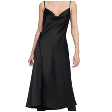 ZARA Black Satin Slip Dress with Leg Slit Button Details Size M